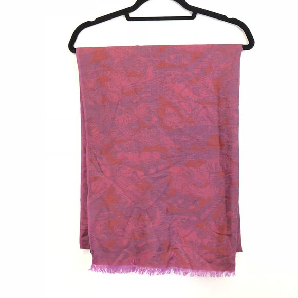 Shanghai Tang Pink Purple Floral Mulberry Silk Cashmere Wool Scarf Fringed Hem - Picture 3 of 6